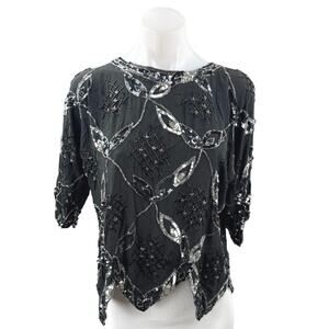 Vintage Argenti Black 100% Silk Sequin Embellished Short Sleeve Blouse Top Sz M